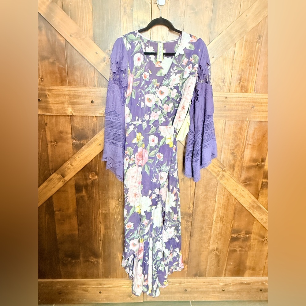 Aratta Silent Journey Wrap Kimono Crocheted Bell Sleeve Purple Floral Dress Sz S - Picture 2 of 10